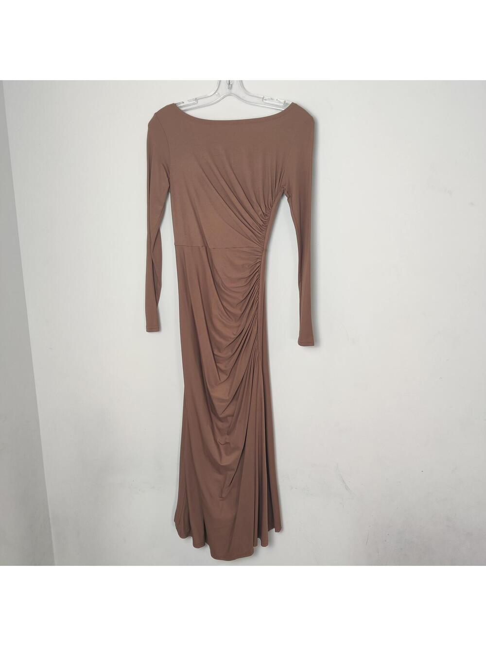 SHEIN XS Brown Ruched Maxi Dress Long Sleeve Stretch Bodycon